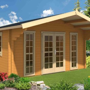Blockhaus SAUERLAND A, WS 70 mm, 450 x 350 cm, Vordach 150 cm
